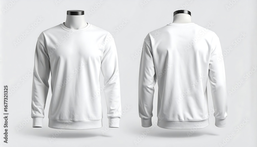 Versatile blank white long-sleeve crewneck sweatshirt mock-up displayed front and back on mannequins Versatile blank white long-sleeve crewneck sweatshirt mock-up displayed front and back on mannequins