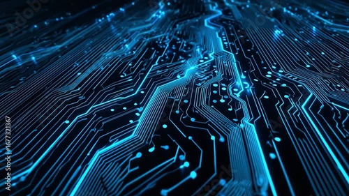 Digital glowing circuit board with futuristic electronic network lines