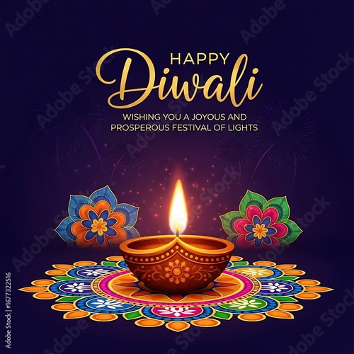 Vibrant Diwali Diya: Festive Mandala, Illuminated Clay Lamp, Joyful Celebration of Lights, Indian Holiday Design.