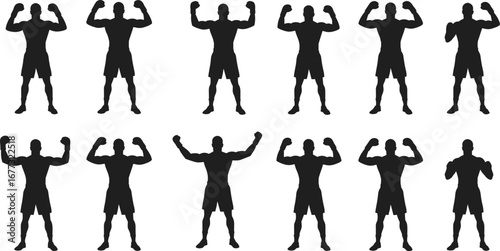 Strong muscular man flexing silhouette, bodybuilding vector illustration, fitness athlete pose, male bodybuilder flex, gym strength design, workout silhouette art