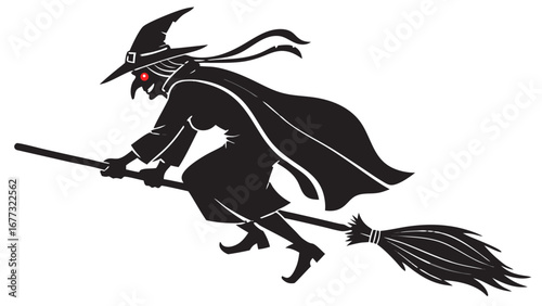 Lone Flying Witch on Broomstick Silhouette with Glowing Red Eye Silhouette Vector 