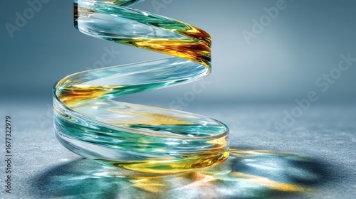 Minimalist composition of a single glass ribbon flowing upward like water in reverse, with flawless surface and internal light play
