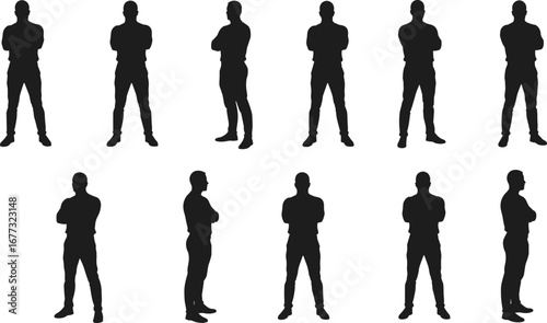 Standing man silhouette, arms crossed posture, confident male figure vector, business person outline, professional pose illustration, human body design concept