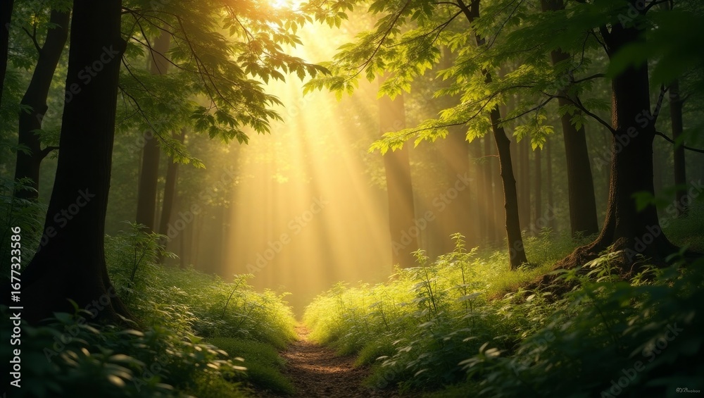 Obraz premium Sunbeams Illuminate Forest Path Green Lush Trees Sunlight