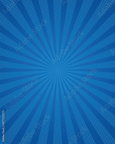 Blue pop art halftone background with radial sunburst rays, retro comic style design, vibrant abstract pattern for creative projects and graphic design.