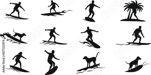 Surfing silhouette vector, surfer on wave, dog surfing art, beach sport icon, summer ocean activity, surfboard illustration, tropical lifestyle design