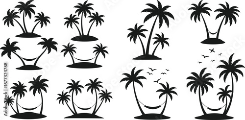 Tropical island palm tree silhouettes with hammock, black beach vacation icons, summer holiday vector, exotic paradise illustration, relaxation symbols