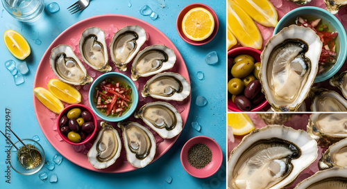 Wallpaper Mural Plated fresh oysters on half shell arranged around dipping sauces and lemon wedges — gourmet seafood platter for dining and culinary presentation Torontodigital.ca