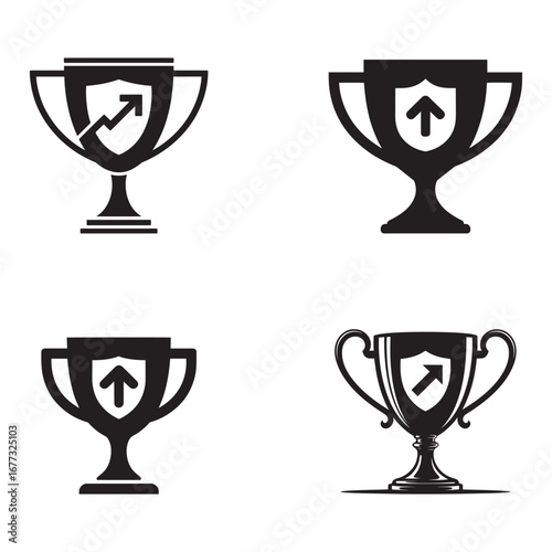 "Trophy Cup Icons with Growth and Achievement Symbols – Vector Illustration for Success and Business Awards"