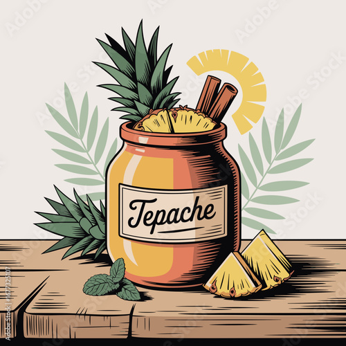 Pineapple Tepache Drink with Cinnamon Illustration