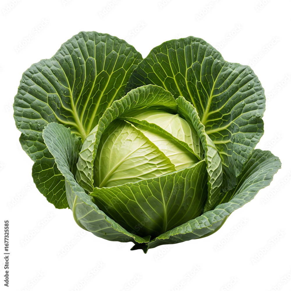 Fototapeta premium Vibrant green cabbage with water droplets isolated on a transparent background fresh vegetable