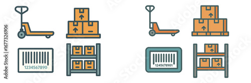 Warehouse operations with pallet jack, boxes, scanner, and shelving. Modern 3D Icon Set