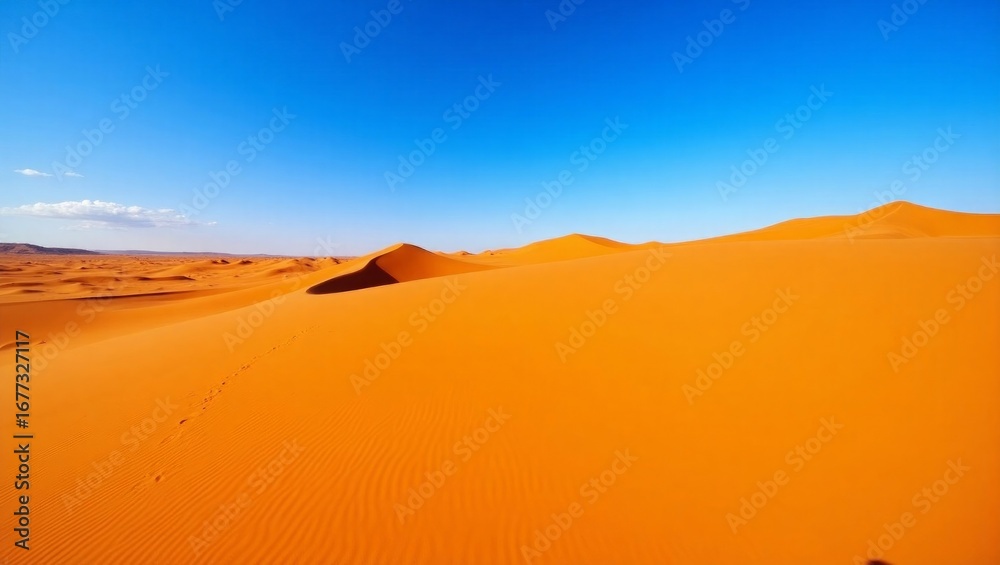 Fototapeta premium Vibrant Orange Sahara Desert Dunes Under Clear Blue Sky Footprints in Sand