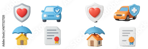 Insurance icons: heart, car, house, document, shield, umbrella. Modern 3D Icon Set