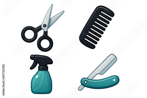Barber Tools Set: Scissors, Comb, Spray Bottle, Straight Razor. Modern 3D Icon Set
