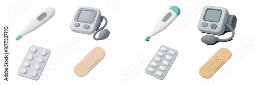 Medical Equipment: Thermometer, Blood Pressure Monitor, Pills, Bandage. Modern 3D Icon Set