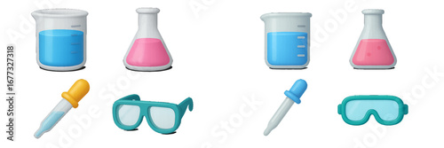Laboratory Equipment Set: Beakers, Flasks, Pipettes, Safety Goggles. Modern 3D Icon Set
