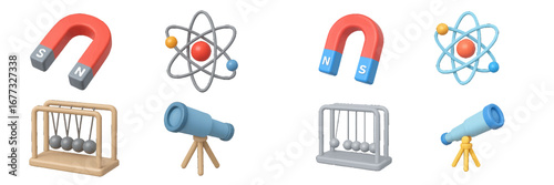 Physics science objects: magnets, atom model, Newton's cradle, telescope. Modern 3D Icon Set