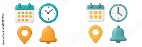 Calendar, Clock, Location Pin, and Bell Icons. Modern 3D Icon Set