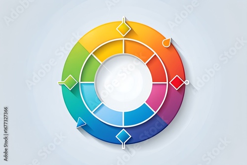 Colorful color wheel with segments representing different hues and shades, used in design and art