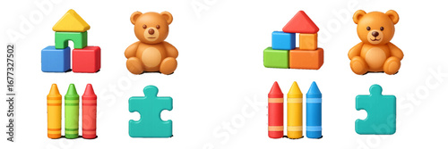 Children's toys: building blocks, crayons, teddy bear, puzzle pieces. Modern 3D Icon Set