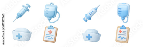 Medical icons: syringe, IV bag, nurse cap, medical chart. Modern 3D Icon Set