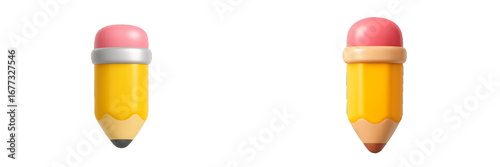 Two stylized yellow pencils with pink erasers and graphite tips, isolated on a black background. Modern 3D Icon Set