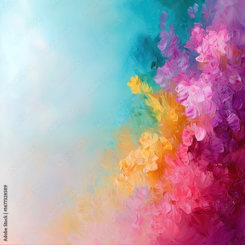 Fototapeta premium A vibrant meadow filled with blooming wildflowers in pastel pinks, yellows, and purples, under a bright blue sky, impressionist painting style, soft and cheerful tones.