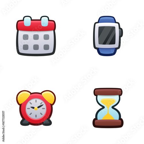 Time icon set. Isolated vector illustration of mobile game sprites. Design for stickers, logo, mobile app. Arcade or match 3 2d graphics game asset. Flat 3d item sprites sheet.