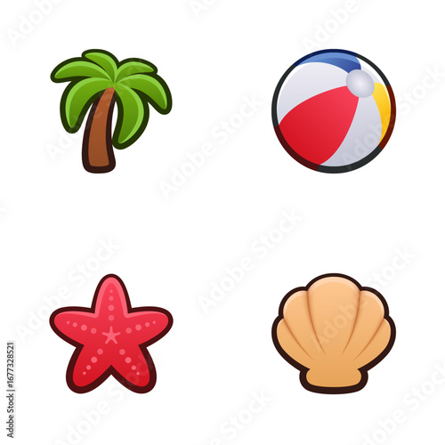 Beach icon set. Isolated vector illustration of mobile game sprites. Design for stickers, logo, mobile app. Arcade or match 3 2d graphics game asset. Flat 3d item sprites sheet.