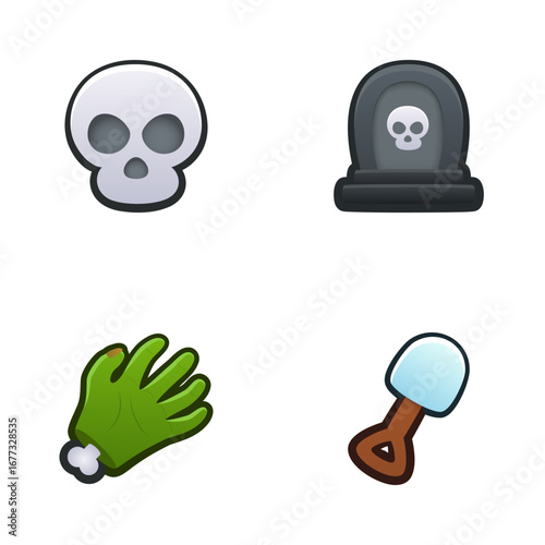 Cemetery icon set. Isolated vector illustration of mobile game sprites. Design for stickers, logo, mobile app. Arcade or match 3 2d graphics game asset. Flat 3d item sprites sheet.