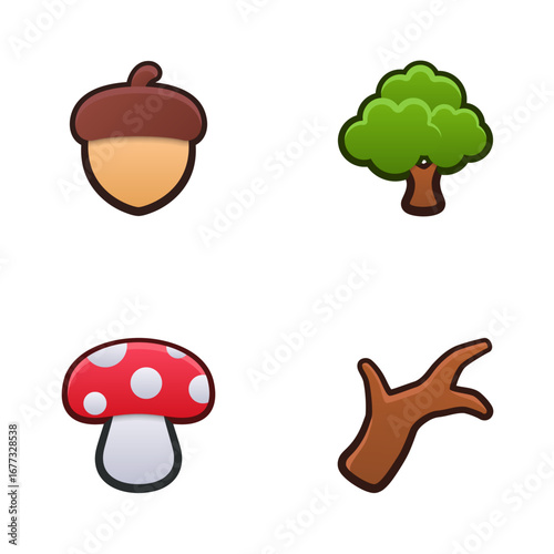 Forest icon set. Isolated vector illustration of mobile game sprites. Design for stickers, logo, mobile app. Arcade or match 3 2d graphics game asset. Flat 3d item sprites sheet.