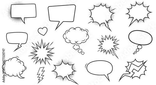 Collection of various blank speech bubbles and thought clouds, ideal for comic creation.
