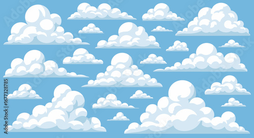 A collection of cartoon-style fluffy white clouds floating against a bright blue sky background.