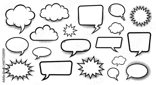 A collection of various speech bubbles and thought clouds, outlined in black with white interiors, casting soft shadows on a white background.