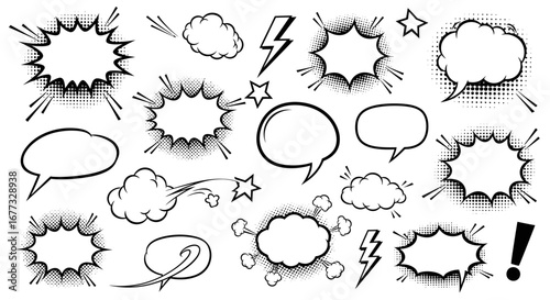 Collection of various comic book speech bubbles and explosion effects, in black and white, with different shapes.