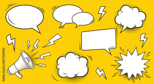 Comic book style speech bubbles and sound effects, including a megaphone, arranged on a yellow background.