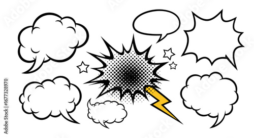 Collection of various comic book speech bubbles and graphic elements.