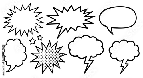 Collection of diverse speech bubbles and comic book elements in various shapes and styles.
