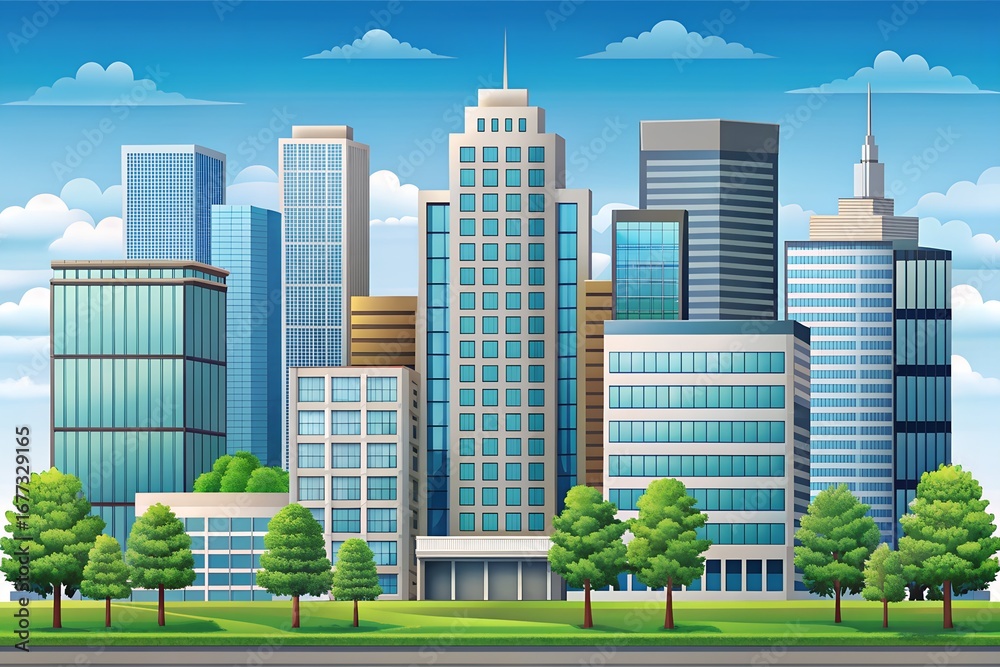 Fototapeta premium Modern cityscape with tall skyscrapers, office buildings, and trees under a blue sky with clouds