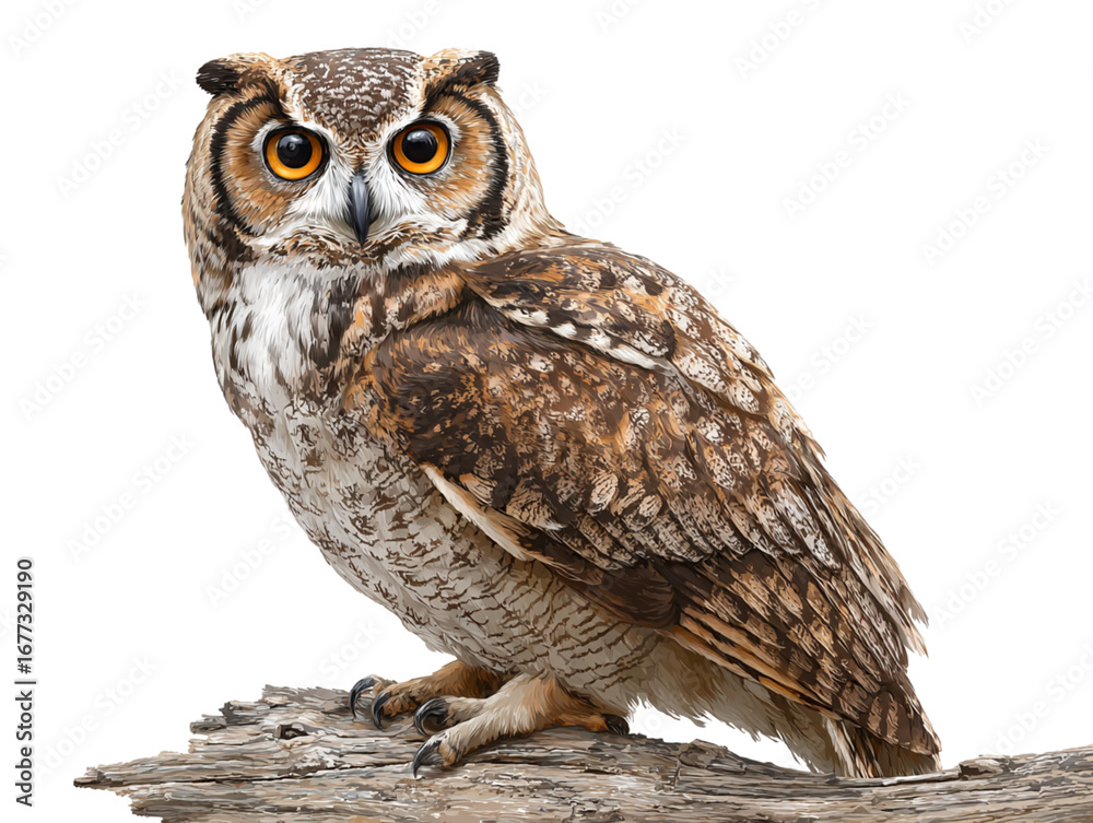 Obraz premium Owl with large glowing eyes, perched on a log PNG format, white background
