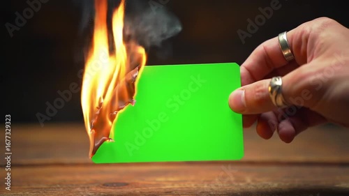A hand holds a burning green screen paper card with flames and smoke