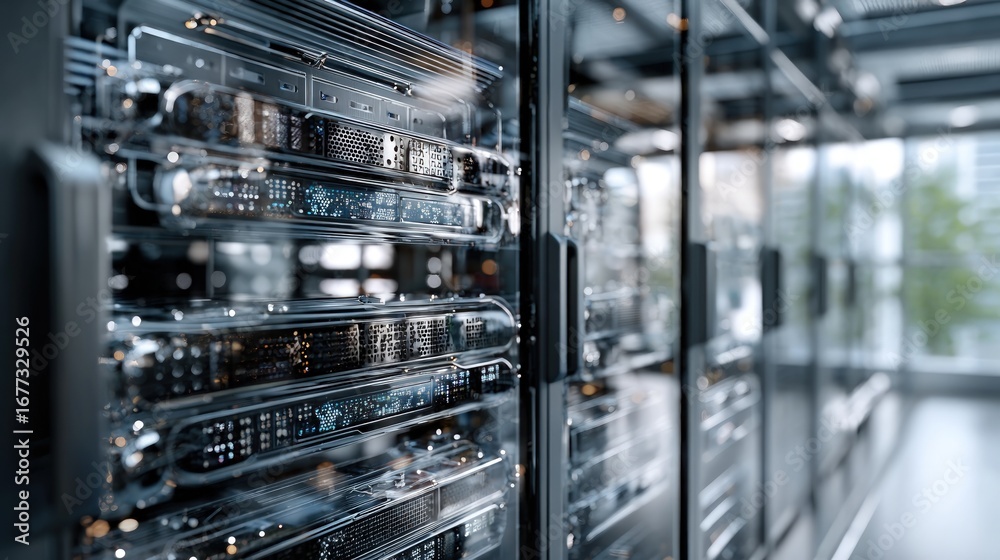 Fototapeta premium Rows of server racks fill a modern data center, showcasing intricate internal components through transparent panels.