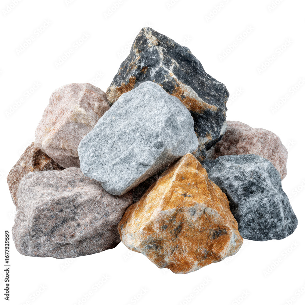 Obraz premium Assorted Natural Stones and Rocks Piled Together on White Background for Texture and Design Use