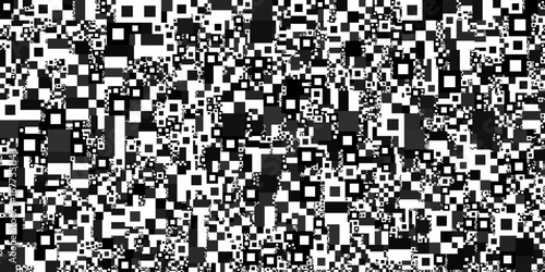 A black and white code pattern shows a complex and abstract system made of various squares. The chaotic data background looks like a scrambled texture block.