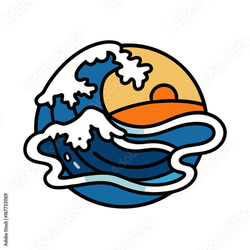 Sunset ocean waves with mountain scene circle design
