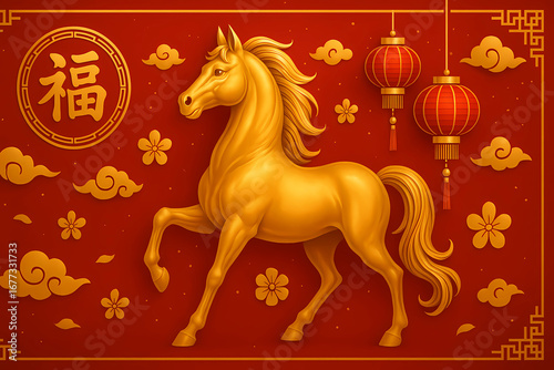 Chinese New Year. The year of the horse is 2026. Red background