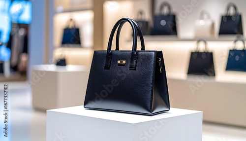Wallpaper Mural Stylish black leather handbag displayed on a white pedestal in a modern retail environment. Torontodigital.ca