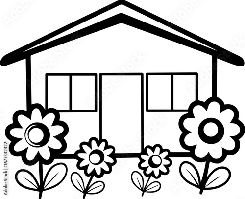 
SVG vector illustration of artificial flowers in a garden around a house.Simple House Illustration with Flowers and Garden Elements