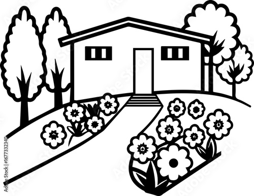 
SVG vector illustration of artificial flowers in a garden around a house.Simple House Surrounded by Trees and Flowers in Black and White